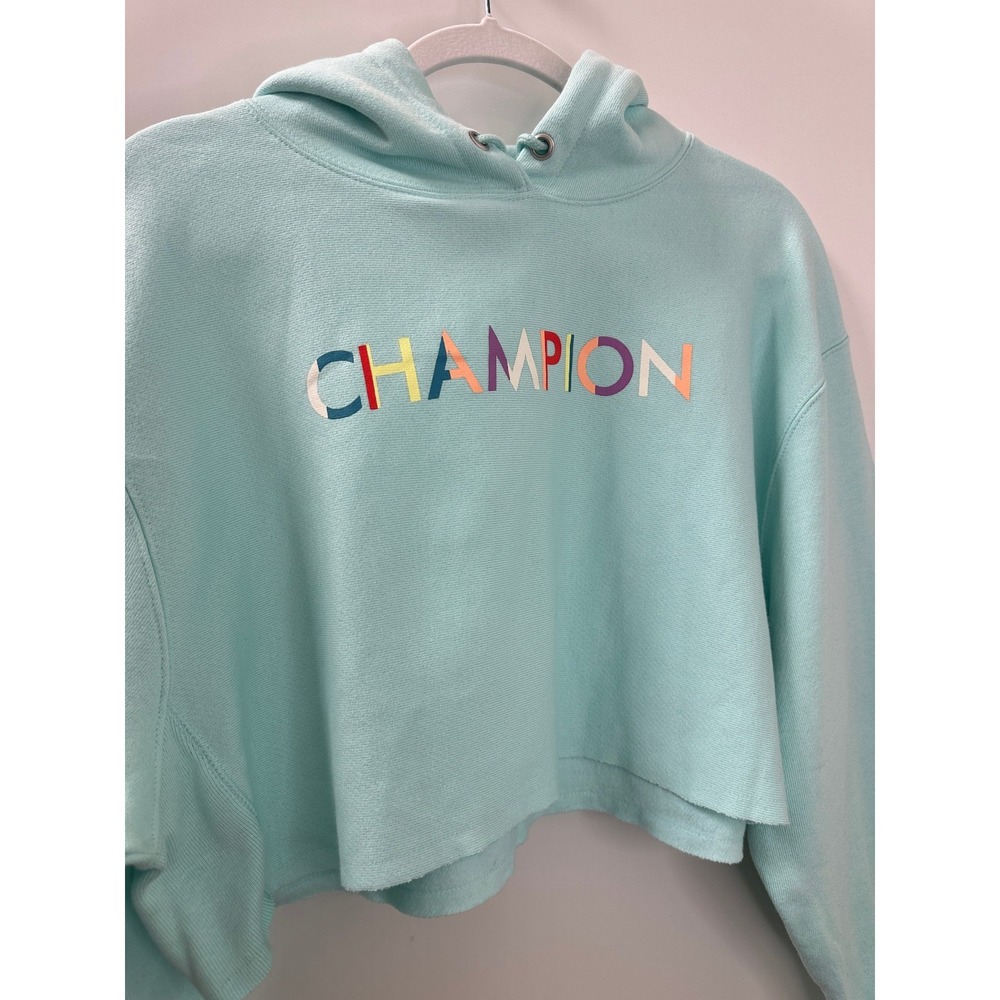 NWOT Champion Reverse Weave Cropped Cut Off Hoodie Sweatshirt Blue M Oversized - Picture 3 of 11